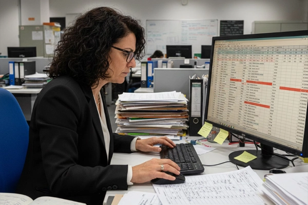 Professionista sommersa da email, documenti, dichiarazioni e fogli di calcolo